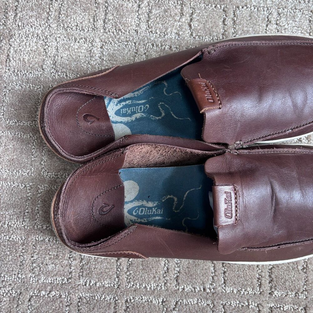 OluKai Nalukai Leather Slip On Shoes Men 12 Brown Loafer Preppy Casual Drop Heel - Picture 7 of 9